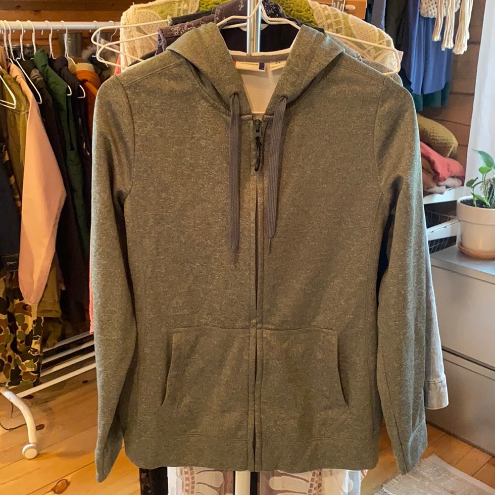 Olive Green performance hoodie with zipper pull.